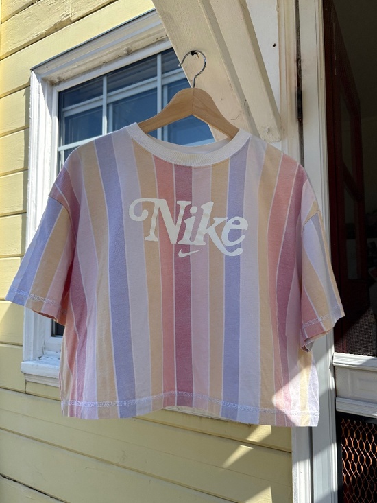 Nike Tops - NWOT Nike Women’s XL Striped Oversized Pastel Rainbow Crop T-Shirt
